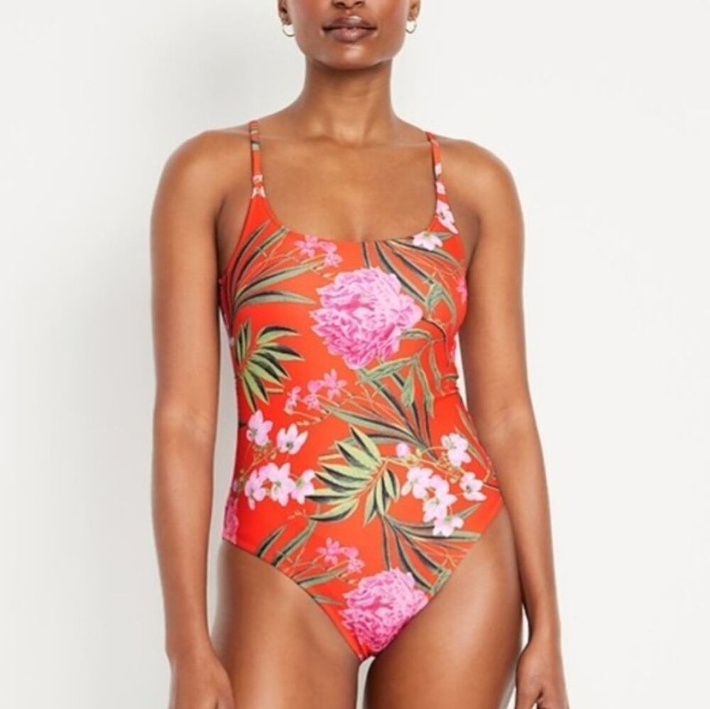 ON Women Scoop Neck One Piece Bathing Swimsuit XL Tropical Floral Classic NEW